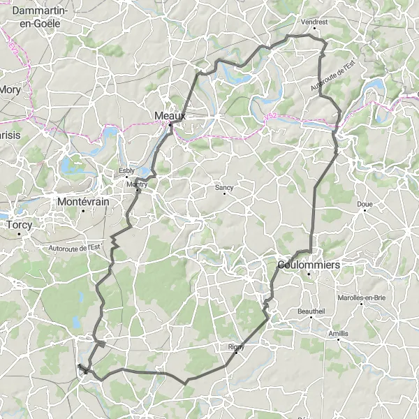 Map miniature of "Challenging Road Tour through Stunning Landscapes" cycling inspiration in Ile-de-France, France. Generated by Tarmacs.app cycling route planner