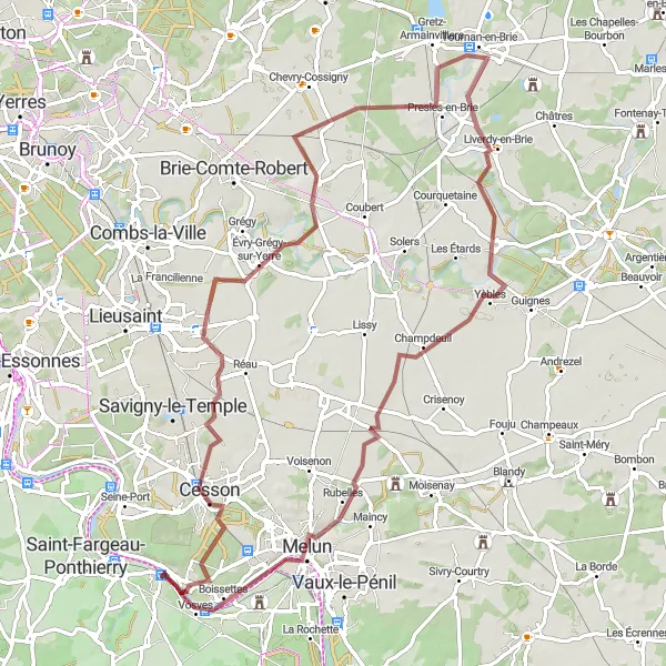 Map miniature of "Eastern Adventure across Seine-et-Marne" cycling inspiration in Ile-de-France, France. Generated by Tarmacs.app cycling route planner