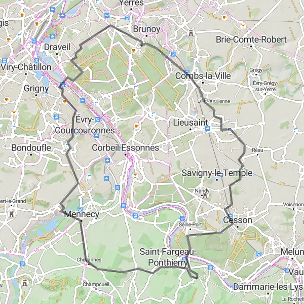 Miniature de la carte de l'inspiration cycliste "Circuit d'Auvernaux et Cesson" dans la Ile-de-France, France. Générée par le planificateur d'itinéraire cycliste Tarmacs.app