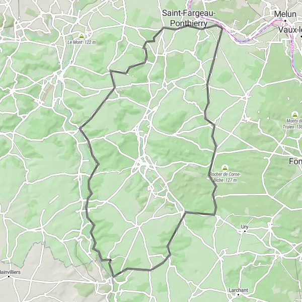 Miniature de la carte de l'inspiration cycliste "Boucle d'Arbonne-la-Forêt et Gironville-sur-Essonne" dans la Ile-de-France, France. Générée par le planificateur d'itinéraire cycliste Tarmacs.app