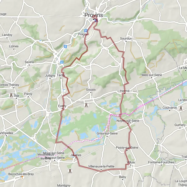 Map miniature of "Chalautre-la-Petite to Provins Gravel Adventure" cycling inspiration in Ile-de-France, France. Generated by Tarmacs.app cycling route planner