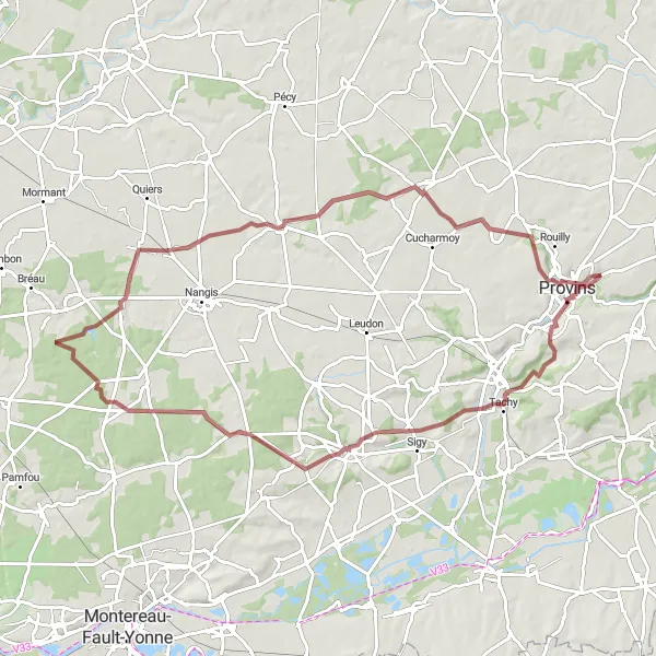 Map miniature of "Gravel Route through Provins Countryside" cycling inspiration in Ile-de-France, France. Generated by Tarmacs.app cycling route planner