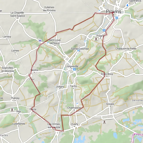 Map miniature of "Chalmaison to Provins Gravel Excursion" cycling inspiration in Ile-de-France, France. Generated by Tarmacs.app cycling route planner