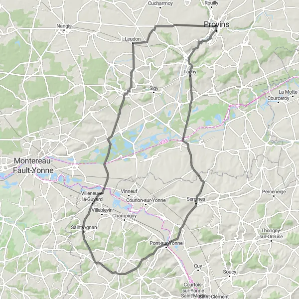 Miniature de la carte de l'inspiration cycliste "Le Tour de la Vallée de l'Yonne" dans la Ile-de-France, France. Générée par le planificateur d'itinéraire cycliste Tarmacs.app