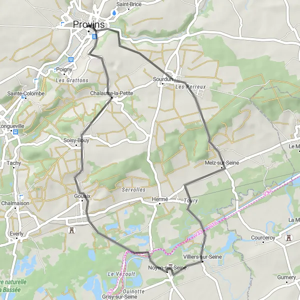 Map miniature of "Melz-sur-Seine to Gouaix Scenic Road Ride" cycling inspiration in Ile-de-France, France. Generated by Tarmacs.app cycling route planner