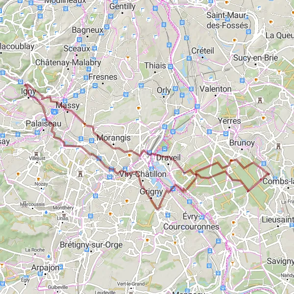 Map miniature of "Les Sept Vallées Gravel Adventure" cycling inspiration in Ile-de-France, France. Generated by Tarmacs.app cycling route planner