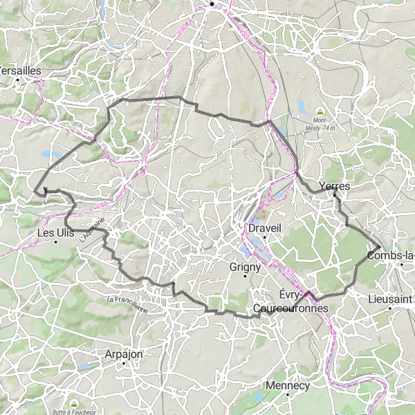 Map miniature of "Hills and Valleys" cycling inspiration in Ile-de-France, France. Generated by Tarmacs.app cycling route planner