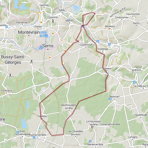 Map miniature of "Hidden Trails: Quincy-Voisins Gravel Adventure" cycling inspiration in Ile-de-France, France. Generated by Tarmacs.app cycling route planner