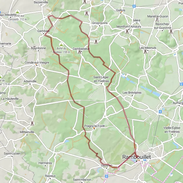Map miniature of "Rambouillet and Gambais Gravel Route" cycling inspiration in Ile-de-France, France. Generated by Tarmacs.app cycling route planner