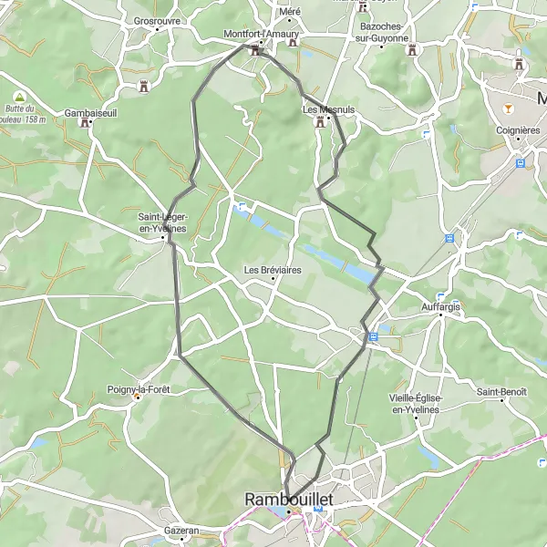 Map miniature of "Rambouillet and Montfort-l'Amaury Road Route" cycling inspiration in Ile-de-France, France. Generated by Tarmacs.app cycling route planner