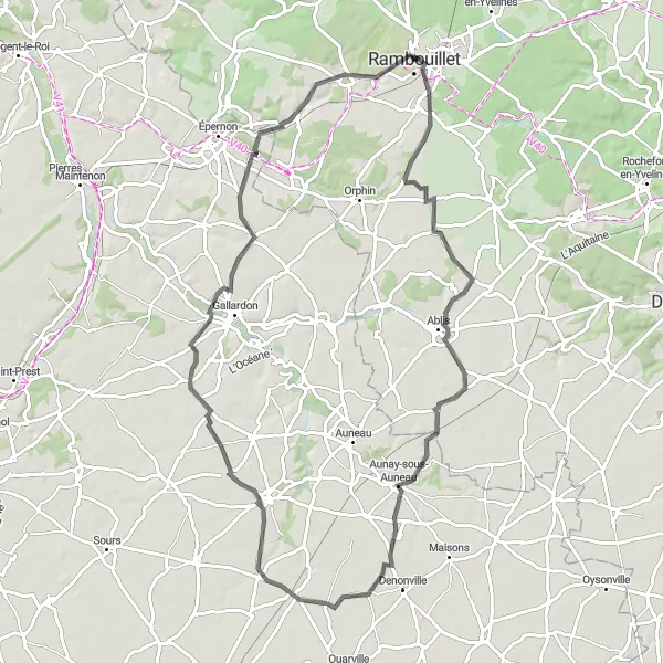 Map miniature of "Rambouillet and Ablis Road Route" cycling inspiration in Ile-de-France, France. Generated by Tarmacs.app cycling route planner