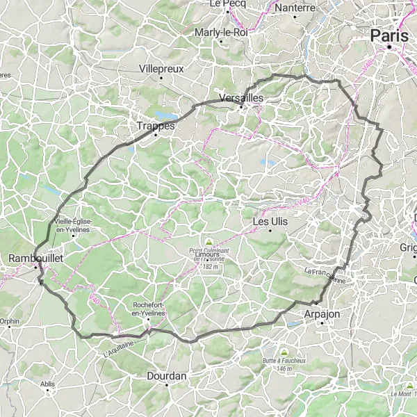 Map miniature of "The Road to Versailles" cycling inspiration in Ile-de-France, France. Generated by Tarmacs.app cycling route planner