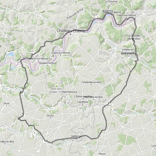 Map miniature of "Rebais to Saint-Denis-lès-Rebais Road Loop" cycling inspiration in Ile-de-France, France. Generated by Tarmacs.app cycling route planner