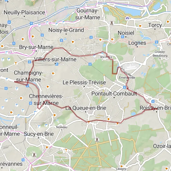 Miniature de la carte de l'inspiration cycliste "Escapade en Bord de Marne" dans la Ile-de-France, France. Générée par le planificateur d'itinéraire cycliste Tarmacs.app