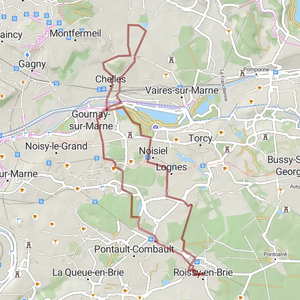 Miniature de la carte de l'inspiration cycliste "Boucle à vélo gravel autour de Roissy-en-Brie" dans la Ile-de-France, France. Générée par le planificateur d'itinéraire cycliste Tarmacs.app