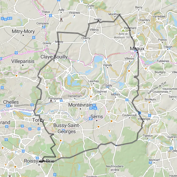 Miniature de la carte de l'inspiration cycliste "Boucle à vélo de route autour de Roissy-en-Brie" dans la Ile-de-France, France. Générée par le planificateur d'itinéraire cycliste Tarmacs.app