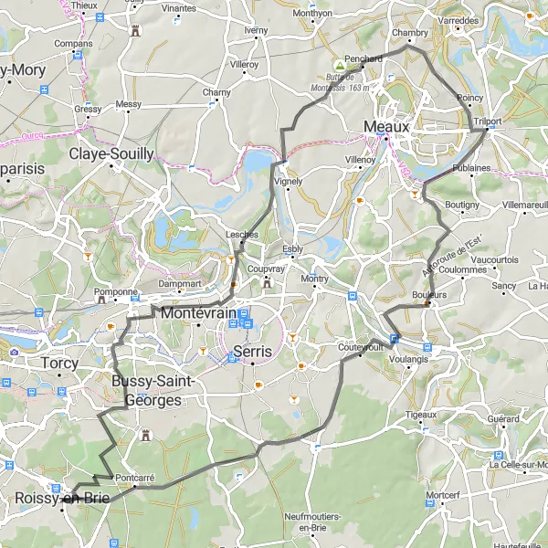 Miniature de la carte de l'inspiration cycliste "Tour des Vallées et Buttes" dans la Ile-de-France, France. Générée par le planificateur d'itinéraire cycliste Tarmacs.app