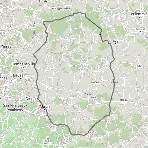 Miniature de la carte de l'inspiration cycliste "Le Tour des Châteaux de la Brie" dans la Ile-de-France, France. Générée par le planificateur d'itinéraire cycliste Tarmacs.app