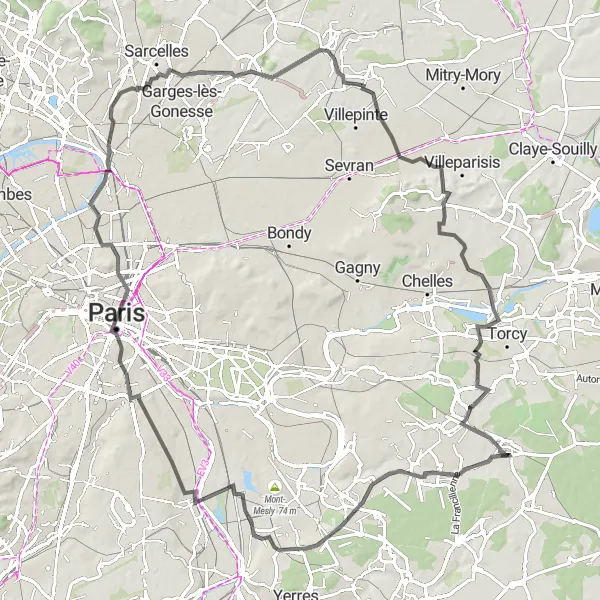 Miniature de la carte de l'inspiration cycliste "Circuit à vélo de route vers Pyramide" dans la Ile-de-France, France. Générée par le planificateur d'itinéraire cycliste Tarmacs.app