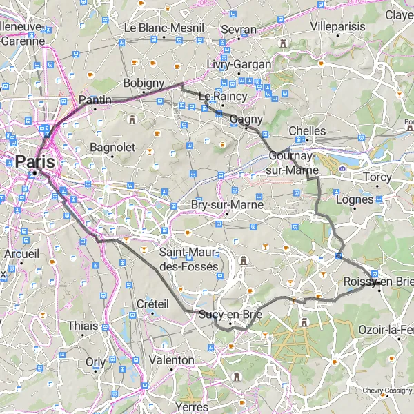 Miniature de la carte de l'inspiration cycliste "Parcours à vélo de route autour de Roissy-en-Brie" dans la Ile-de-France, France. Générée par le planificateur d'itinéraire cycliste Tarmacs.app