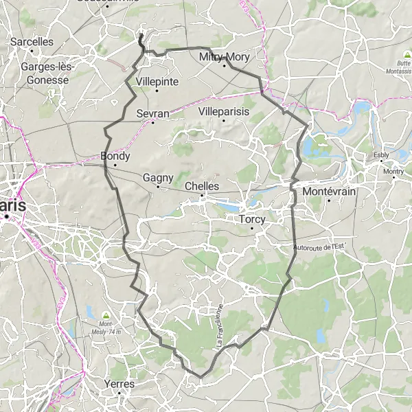 Map miniature of "Tremblay-en-France to Pyramide" cycling inspiration in Ile-de-France, France. Generated by Tarmacs.app cycling route planner