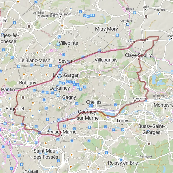 Map miniature of "Discovering Gravel Wonders" cycling inspiration in Ile-de-France, France. Generated by Tarmacs.app cycling route planner