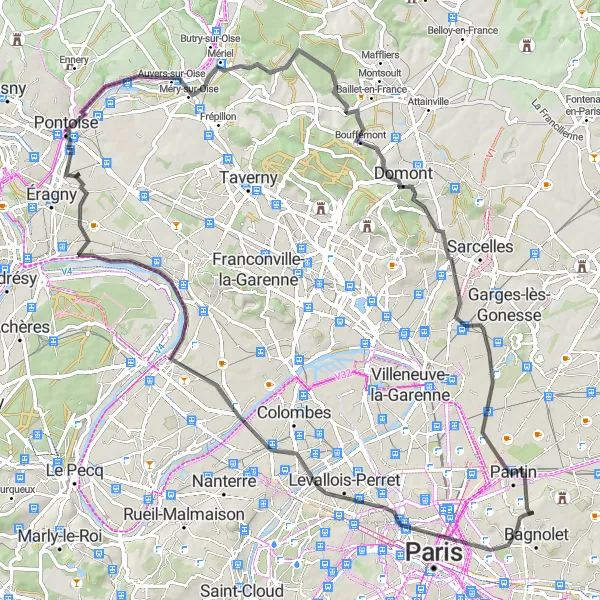 Map miniature of "The Riverside Road Loop" cycling inspiration in Ile-de-France, France. Generated by Tarmacs.app cycling route planner