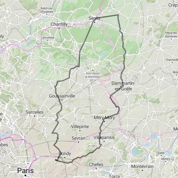 Miniature de la carte de l'inspiration cycliste "Parcours routier autour de Gonesse et Montfermeil" dans la Ile-de-France, France. Générée par le planificateur d'itinéraire cycliste Tarmacs.app