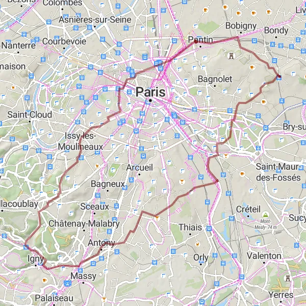 Map miniature of "Gravel Expedition from Rosny-sous-Bois" cycling inspiration in Ile-de-France, France. Generated by Tarmacs.app cycling route planner