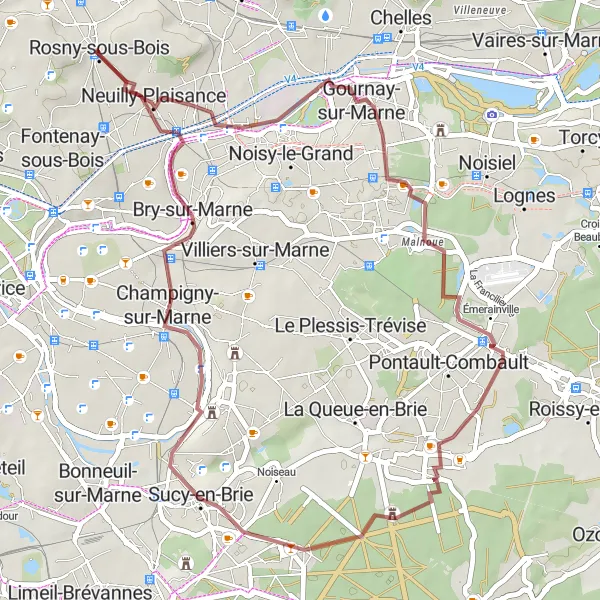 Map miniature of "Gravel Route from Rosny-sous-Bois" cycling inspiration in Ile-de-France, France. Generated by Tarmacs.app cycling route planner