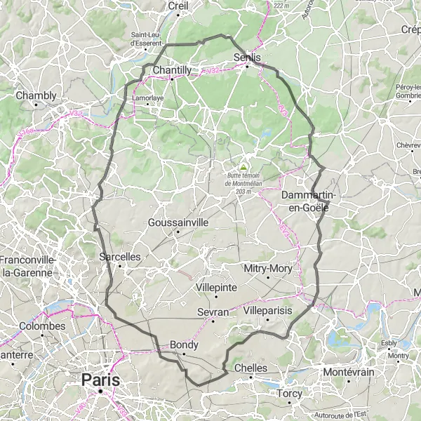 Map miniature of "Road Tour from Rosny-sous-Bois" cycling inspiration in Ile-de-France, France. Generated by Tarmacs.app cycling route planner