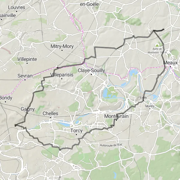 Miniature de la carte de l'inspiration cycliste "Tour de la Marne" dans la Ile-de-France, France. Générée par le planificateur d'itinéraire cycliste Tarmacs.app