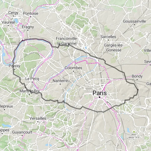 Map miniature of "Road Adventure from Rosny-sous-Bois" cycling inspiration in Ile-de-France, France. Generated by Tarmacs.app cycling route planner
