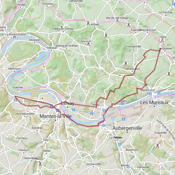 Map miniature of "The Hills of Mantes" cycling inspiration in Ile-de-France, France. Generated by Tarmacs.app cycling route planner