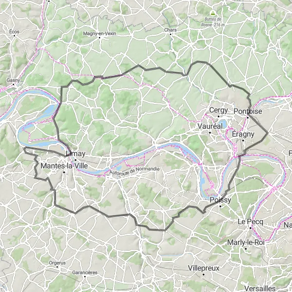 Map miniature of "Châteaux and Valleys" cycling inspiration in Ile-de-France, France. Generated by Tarmacs.app cycling route planner