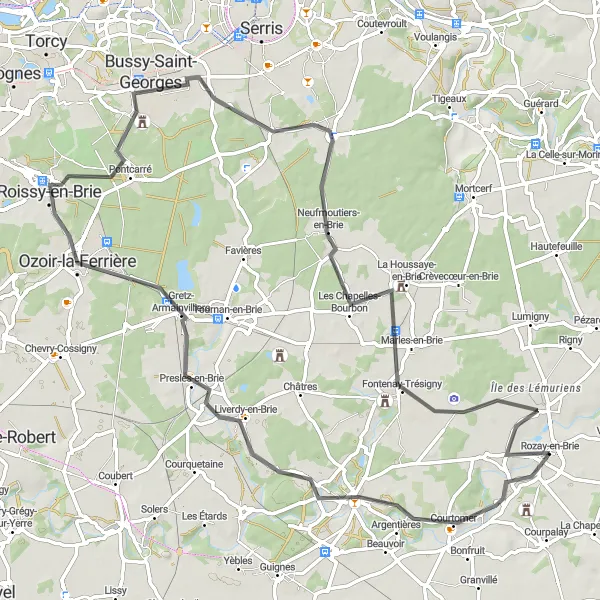 Map miniature of "The Road Adventure" cycling inspiration in Ile-de-France, France. Generated by Tarmacs.app cycling route planner