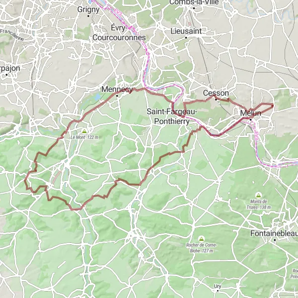 Map miniature of "Gravel Adventure in Essonne" cycling inspiration in Ile-de-France, France. Generated by Tarmacs.app cycling route planner