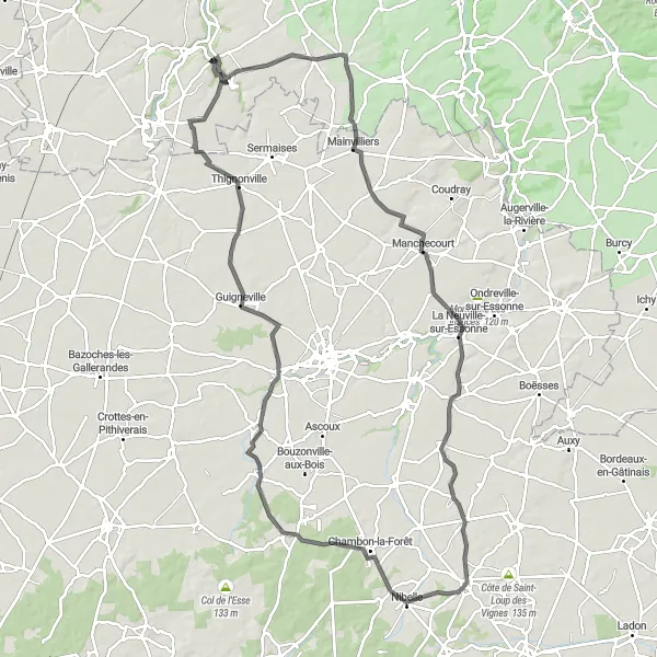 Map miniature of "Morville-en-Beauce and Batilly-en-Gâtinais Loop" cycling inspiration in Ile-de-France, France. Generated by Tarmacs.app cycling route planner