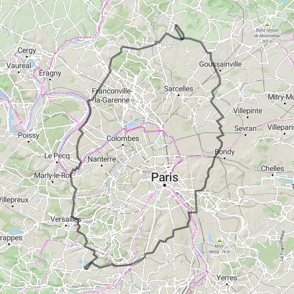 Map miniature of "Challenging Ride from Saclay to Baillet-en-France" cycling inspiration in Ile-de-France, France. Generated by Tarmacs.app cycling route planner