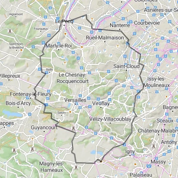 Map miniature of "Saclay and Literary Maison to Boulogne-Billancourt" cycling inspiration in Ile-de-France, France. Generated by Tarmacs.app cycling route planner