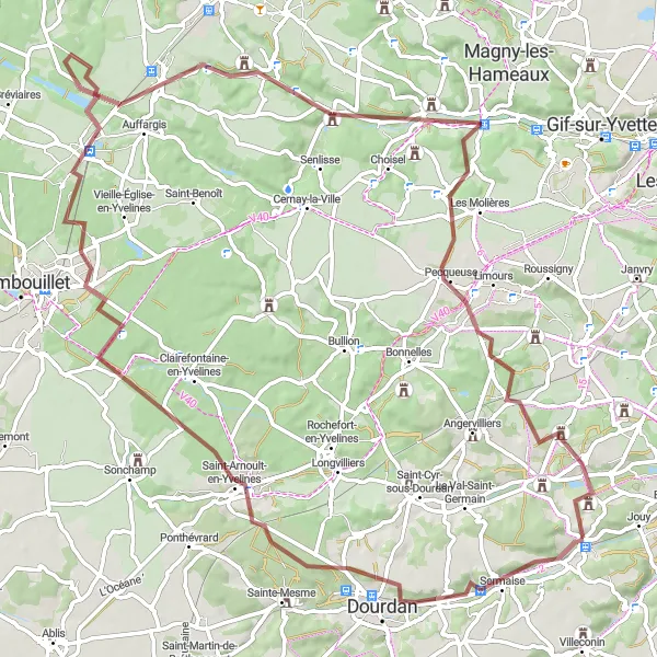 Miniature de la carte de l'inspiration cycliste "Parcours gravel à travers les Yvelines" dans la Ile-de-France, France. Générée par le planificateur d'itinéraire cycliste Tarmacs.app