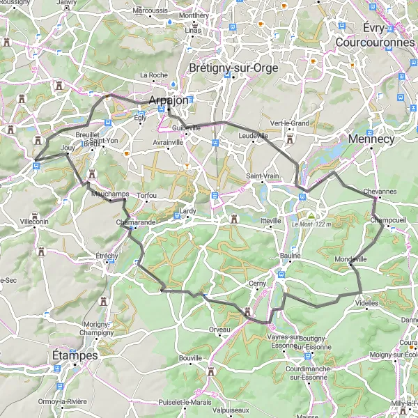 Map miniature of "Châteaux and Villages of the Essonne Valley" cycling inspiration in Ile-de-France, France. Generated by Tarmacs.app cycling route planner