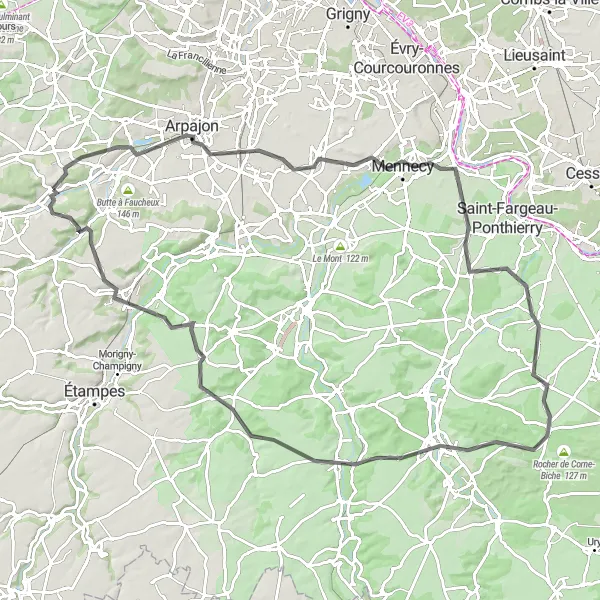 Miniature de la carte de l'inspiration cycliste "Boucle d'Arpajon et Arbonne-la-Forêt" dans la Ile-de-France, France. Générée par le planificateur d'itinéraire cycliste Tarmacs.app