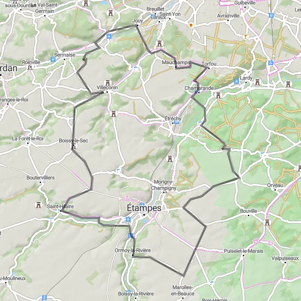 Miniature de la carte de l'inspiration cycliste "Les Châteaux de l'Essonne" dans la Ile-de-France, France. Générée par le planificateur d'itinéraire cycliste Tarmacs.app