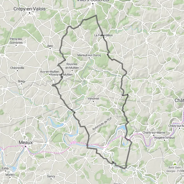 Map miniature of "Challenging Country Roads and Majestic Landmarks Road Route" cycling inspiration in Ile-de-France, France. Generated by Tarmacs.app cycling route planner