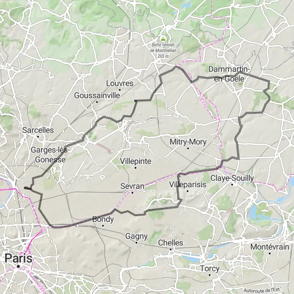 Miniature de la carte de l'inspiration cycliste "Aéroport de Paris-Charles-de-Gaulle Loop" dans la Ile-de-France, France. Générée par le planificateur d'itinéraire cycliste Tarmacs.app