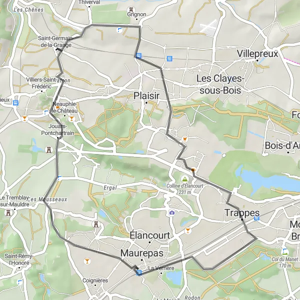 Map miniature of "Élancourt Road Loop" cycling inspiration in Ile-de-France, France. Generated by Tarmacs.app cycling route planner