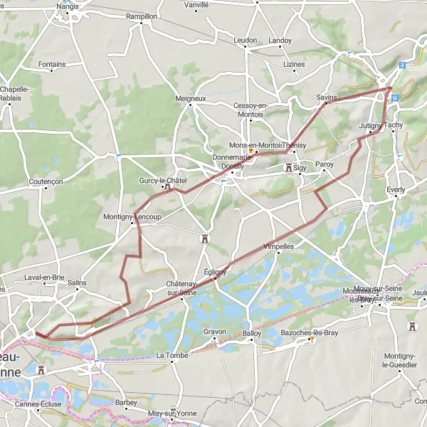 Miniature de la carte de l'inspiration cycliste "Aventures gravel autour de Gurcy-le-Châtel" dans la Ile-de-France, France. Générée par le planificateur d'itinéraire cycliste Tarmacs.app