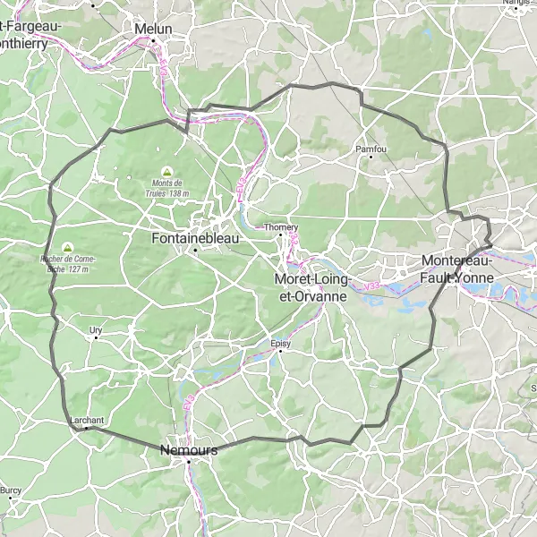 Miniature de la carte de l'inspiration cycliste "Tour panoramique de 106 km à vélo près de Saint-Germain-Laval" dans la Ile-de-France, France. Générée par le planificateur d'itinéraire cycliste Tarmacs.app