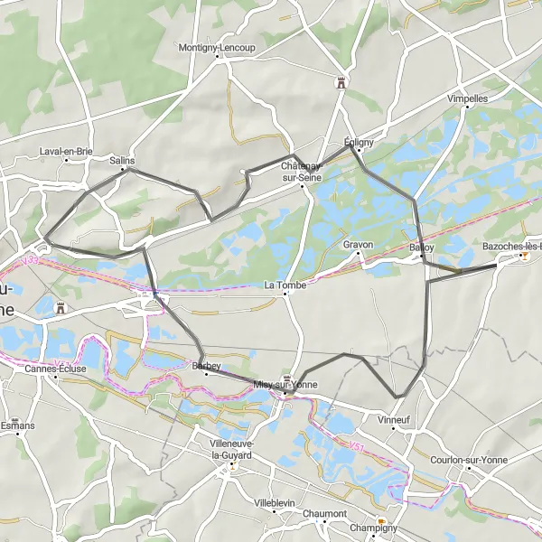 Miniature de la carte de l'inspiration cycliste "Parcours de 41 km à travers la campagne française autour de Saint-Germain-Laval" dans la Ile-de-France, France. Générée par le planificateur d'itinéraire cycliste Tarmacs.app